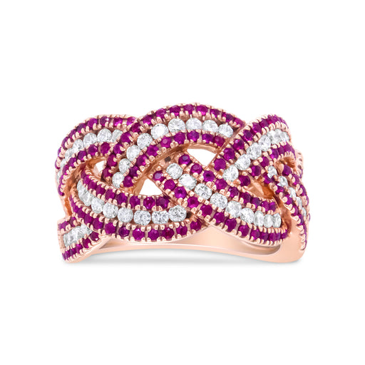 Bids.com 18K Rose Gold Red Ruby and 7/8 Cttw Diamond Woven Braided Band Ring (F-G Color, VS1-VS2 Clarity) - Ring Size 7 Rings White Smoke 7 / Rose.Gold