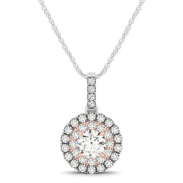 Bids.com Round Shape Halo Diamond Pendant in 14k White and Rose Gold (1/2 cttw) Necklaces White Smoke 18 / White & Rose Gold