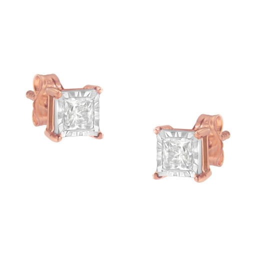 Bids.com 14K Rose Gold Plated Two-Tone .925 Sterling Silver 1/2 Cttw Princess-Cut Square Near Colorless Diamond Solitaire Miracle-Plate Stud Earrings (J-K Color, I2-I3 Clarity) Earrings White Smoke WhiteRose.Sterling Silver / 0.5