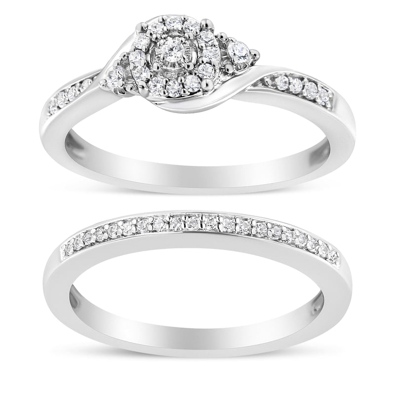 Bids.com .925 Sterling Silver 1/4 Cttw Diamond Halo and Swirl Engagement Ring and Wedding Band Set (I-J Color, I3 Clarity)- Ring Size 7 Rings White Smoke 7 / White.Sterling Silver,6 / White.Sterling Silver,8 / White.Sterling Silver,5 / White.Sterling Silver,9 / White.Sterling Silver