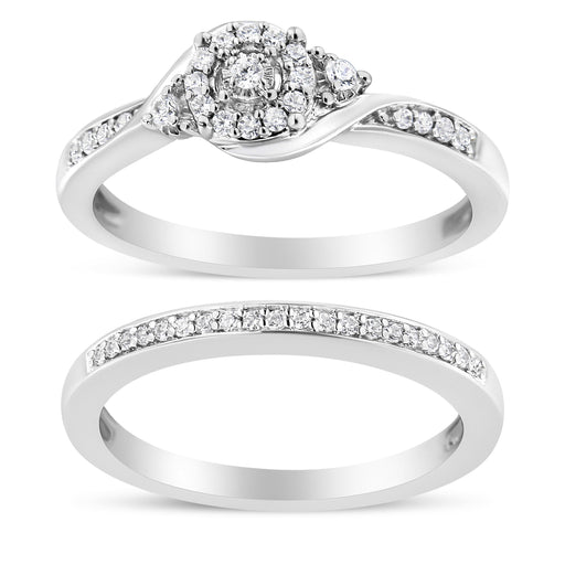 Bids.com .925 Sterling Silver 1/4 Cttw Diamond Halo and Swirl Engagement Ring and Wedding Band Set (I-J Color, I3 Clarity)- Ring Size 7 Rings White Smoke 7 / White.Sterling Silver,6 / White.Sterling Silver,8 / White.Sterling Silver,5 / White.Sterling Silver,9 / White.Sterling Silver