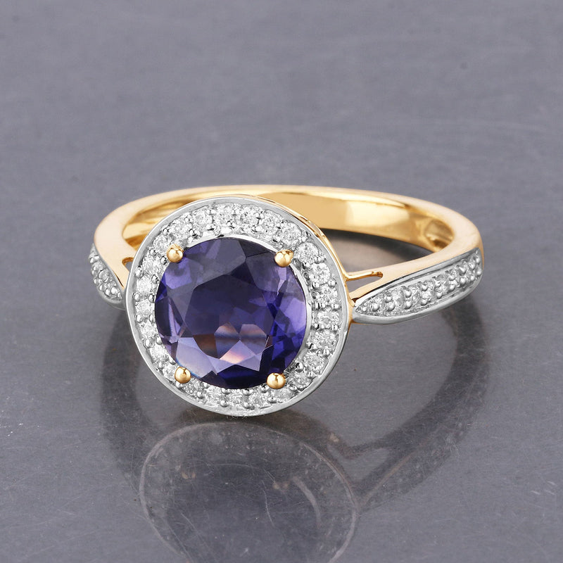 Bids.com 1.79 Carat Genuine Iolite and White Diamond 14K Yellow Gold Ring Rings Slate Gray size 6.00,size 7.00,size 8.00,size 9.00