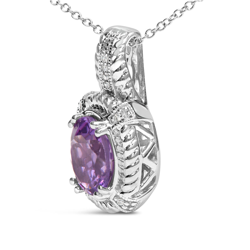 Bids.com .925 Sterling Silver 9x7mm Oval Purple Amethyst and Round Diamond Accent Fashion Drop Pendant 18 Inch Necklace (I-J Color, I1-I2 Clarity) Necklaces White Smoke White.Sterling Silver / 18