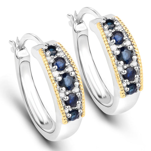Bids.com 0.70 Carat Genuine Blue Sapphire and White Diamond .925 Sterling Silver with 14K Yellow Gold Earrings Earrings White Smoke