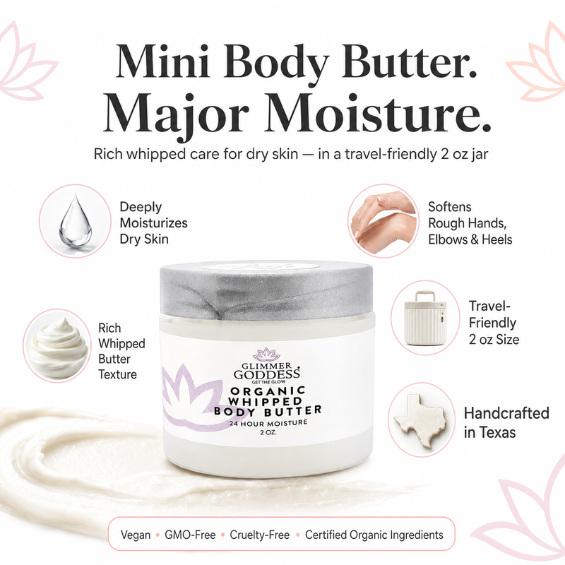 Glimmer Goddess® Organic Skin Care Organic Whipped Body Butter 2 oz – Mini Travel Size for Dry Skin & Eczema Lotions & Creams White Smoke Autumn Breeze,Caribbean Breeze,Candy Cane,Christmas Cookie,Cinnamon Apple,Citrus Basil,Citrus Crush,Citrus Mango,Coastal Reverie,Coconut Lime,Evening Snow,Frankincense & Myrrh,Honeysuckle,Jasmine,Lavender,Lavender Lemon,Lavender Orange,Lemon Cream,Lemon V