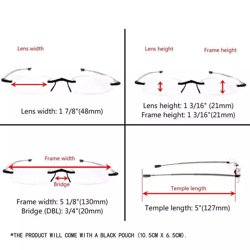 eyekeeper.com 3 Pack Rimless Reading Glasses Foldable Readers R15081 Eyeglasses White Smoke Black-3pcs / +0.50,Black-3pcs / +0.75,Black-3pcs / +1.00,Black-3pcs / +1.25,Black-3pcs / +1.50,Black-3pcs / +1.75,Black-3pcs / +2.00,Black-3pcs / +2.50,Black-3pcs / +2.75,Black-3pcs / +3.00,Black-3pcs / +3.50,Black-3pcs / +4.00,Gunmetal-3pcs / +0.75,Gunme