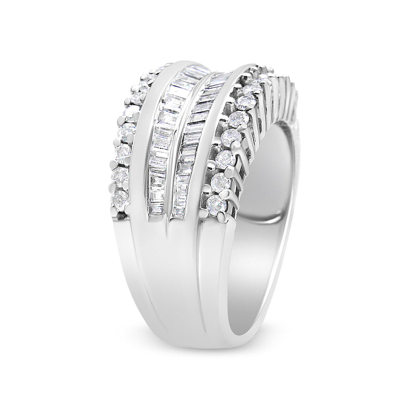 Bids.com 14K White Gold 1.00 Cttw Round and Baguette-Cut Diamond Modern Band Ring (H-I Color, SI2-I1 Clarity) - Ring Size 7 Rings Light Gray 7 / White.Gold