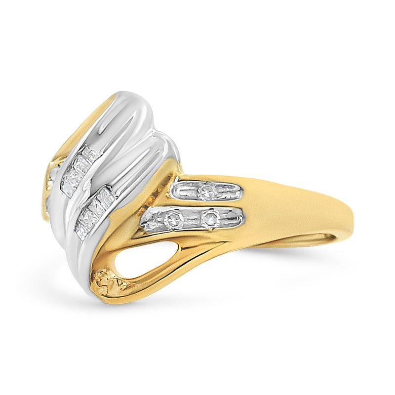 Bids.com 10K Yellow and White Gold 1/10 Cttw Baguette and Round-Cut Diamond Bypass Ring (I2 Color, H-I Clarity) - Size 7 Rings White Smoke 7 / YellowWhite.Gold