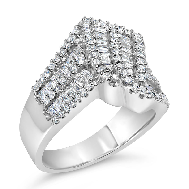 Bids.com 14K White Gold 1-1/2 Cttw Round and Baguette Diamond Bypass Cocktail Ring Band (H-I Color, SI1-SI2 Clarity) - Size 7 Rings White Smoke 7 / White.Gold