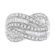Bids.com .925 Sterling Silver 1.0 Cttw Channel Set Alternating Round and Baguette Diamond Cross-over Bypass Ring Band (I-J Color, I2-I3 Clarity) - Size 7 Rings Gray 8 / White.Sterling Silver,6 / White.Sterling Silver,7 / White.Sterling Silver,9 / White.Sterling Silver