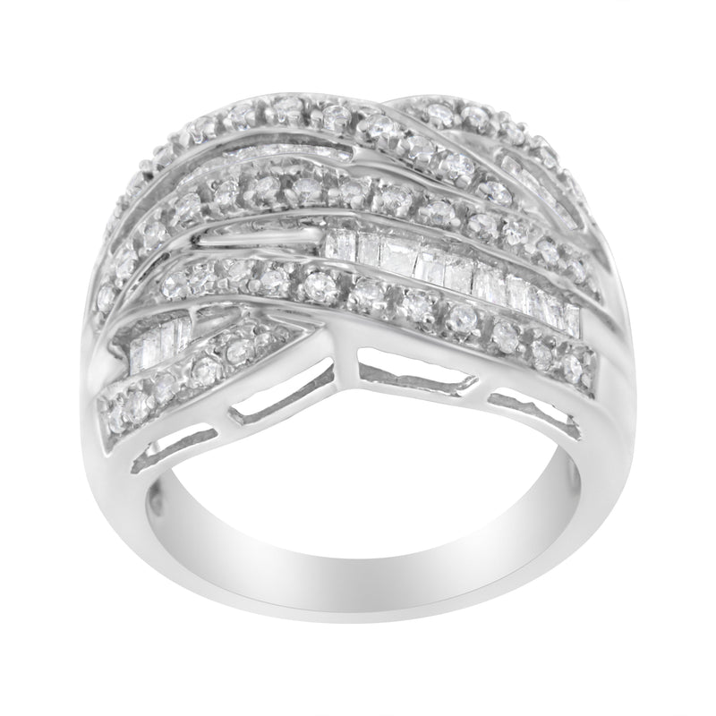 Bids.com .925 Sterling Silver 1.0 Cttw Channel Set Alternating Round and Baguette Diamond Cross-over Bypass Ring Band (I-J Color, I2-I3 Clarity) - Size 7 Rings White Smoke 8 / White.Sterling Silver,6 / White.Sterling Silver,7 / White.Sterling Silver,9 / White.Sterling Silver