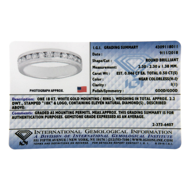 Bids.com IGI Certified 1/2 Cttw Round Brilliant Cut Diamond 18K White Gold Channel Set Eternity Style Wedding Band Ring (H-I Color, I1-I2 Clarity) - Size 7 Rings Gray 7 / White.Gold,9 / White.Gold,8.5 / White.Gold,8 / White.Gold,7.5 / White.Gold,6.5 / White.Gold,6 / White.Gold,5.5 / White.Gold,5 / White.Gold