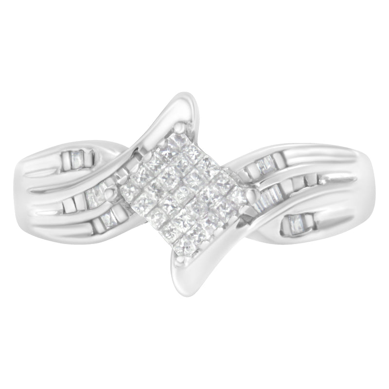 Bids.com 10K White Gold 1/3 Cttw Princess and Baguette Cut Diamond Bypass Style Cocktail Ring (I-J Color, I1-I2 Clarity) - Size 4 Rings White Smoke 7 / White.Gold,9 / White.Gold,8 / White.Gold,6 / White.Gold,5 / White.Gold,4 / White.Gold