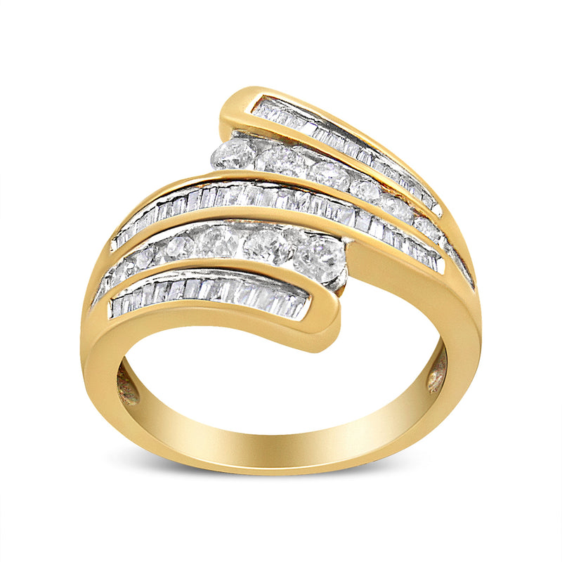 Bids.com 10K Yellow Gold 1 Cttw Round and Baguette-Cut Diamond Multi Row Bypass Ring Band (H-I Color, I1-I2 Clarity) - Ring Size 7 Rings White Smoke 7 / Yellow.Gold