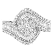 Bids.com 14K White Gold 1 Cttw Baguette and Round Diamond Floral Swirl Cluster Cocktail Ring Rings White Smoke 7 / White.Gold,7.25 / White.Gold,6.75 / White.Gold
