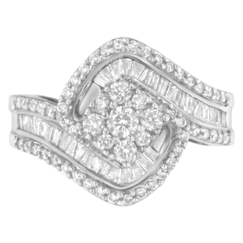 Bids.com 14K White Gold 1 Cttw Baguette and Round Diamond Floral Swirl Cluster Cocktail Ring Rings White Smoke 7 / White.Gold,7.25 / White.Gold,6.75 / White.Gold