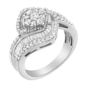 Bids.com 14K White Gold 1 Cttw Baguette and Round Diamond Floral Swirl Cluster Cocktail Ring Rings White Smoke 7 / White.Gold,7.25 / White.Gold,6.75 / White.Gold
