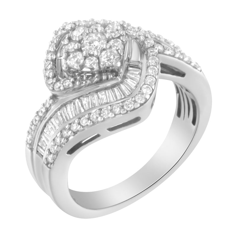 Bids.com 14K White Gold 1 Cttw Baguette and Round Diamond Floral Swirl Cluster Cocktail Ring Rings White Smoke 7 / White.Gold,7.25 / White.Gold,6.75 / White.Gold