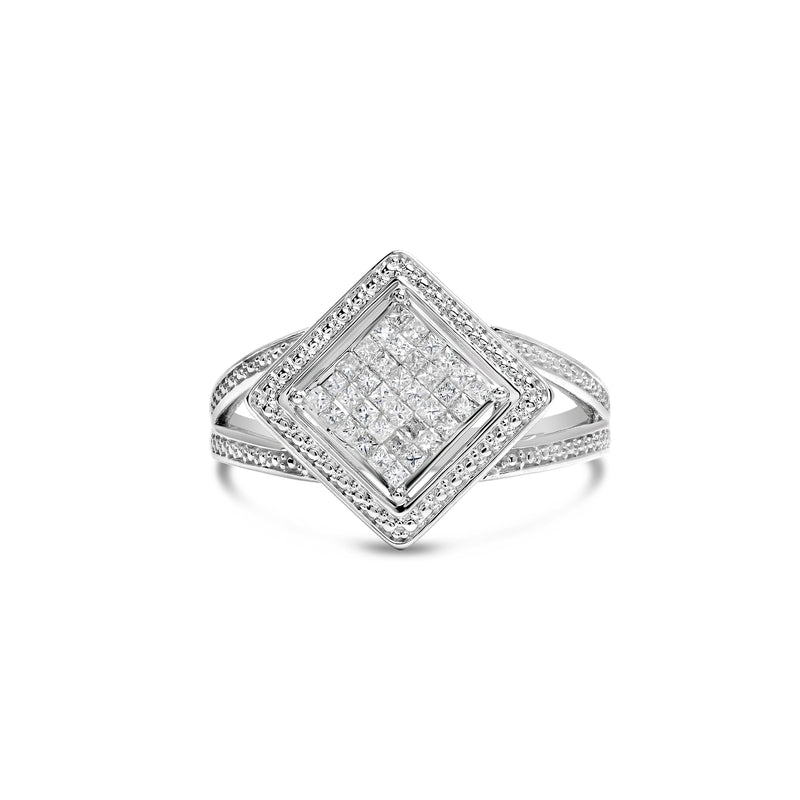 Bids.com .925 Sterling Silver 1/3 Cttw Invisible Set Princess-Cut Diamond Rhombus and Beaded Halo Ring (H-I Color, SI1-SI2 Clarity) - Ring Size 7 Rings White Smoke 7 / Sterling Silver,7 / White.Sterling Silver,6 / White.Sterling Silver,8 / White.Sterling Silver