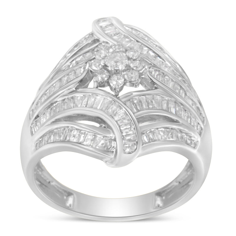 Bids.com .925 Sterling Silver 1-1/8 Cttw Round & Baguette Diamond 'Flower & Fern' Cluster Cocktail Fashion Ring (I-J Color, I2-I3 Clarity) - Size 6 Rings White Smoke 8 / White.Sterling Silver,7 / White.Sterling Silver,6 / White.Sterling Silver,7.25 / White.Sterling Silver,7.75 / White.Sterling Silver,7.5 / White.Sterling Silver,6.75 / White.Sterling Silver,6.5 / White.Sterling Silver,6.25 / White.Sterling Silver