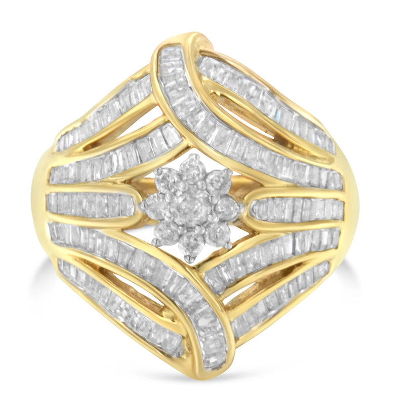 Bids.com 10K Yellow Gold Flashed .925 Sterling Silver 1-1/8 Cttw Round & Baguette Diamond 'Flower & Fern' Cluster Cocktail Fashion Ring (I-J Color, I2-I3 Clarity) - Size 6 Rings White Smoke 8 / Yellow.Sterling Silver,6 / Yellow.Sterling Silver,7 / Yellow.Sterling Silver,7.75 / Yellow.Sterling Silver,7.5 / Yellow.Sterling Silver,7.25 / Yellow.Sterling Silver,6.75 / Yellow.Sterling Silver,6.5 / Yellow.Sterling Silver,6.25 / Yellow.Sterling Sil