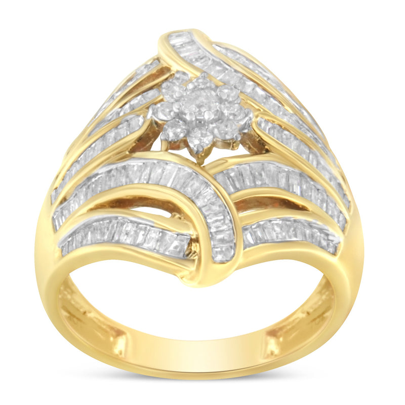 Bids.com 10K Yellow Gold Flashed .925 Sterling Silver 1-1/8 Cttw Round & Baguette Diamond 'Flower & Fern' Cluster Cocktail Fashion Ring (I-J Color, I2-I3 Clarity) - Size 6 Rings White Smoke 8 / Yellow.Sterling Silver,6 / Yellow.Sterling Silver,7 / Yellow.Sterling Silver,7.75 / Yellow.Sterling Silver,7.5 / Yellow.Sterling Silver,7.25 / Yellow.Sterling Silver,6.75 / Yellow.Sterling Silver,6.5 / Yellow.Sterling Silver,6.25 / Yellow.Sterling Sil