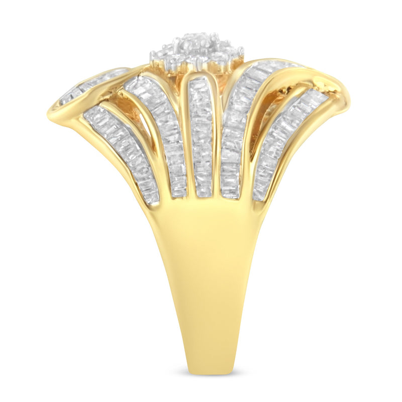 Bids.com 10K Yellow Gold Flashed .925 Sterling Silver 1-1/8 Cttw Round & Baguette Diamond 'Flower & Fern' Cluster Cocktail Fashion Ring (I-J Color, I2-I3 Clarity) - Size 6 Rings White Smoke 8 / Yellow.Sterling Silver,6 / Yellow.Sterling Silver,7 / Yellow.Sterling Silver,7.75 / Yellow.Sterling Silver,7.5 / Yellow.Sterling Silver,7.25 / Yellow.Sterling Silver,6.75 / Yellow.Sterling Silver,6.5 / Yellow.Sterling Silver,6.25 / Yellow.Sterling Sil