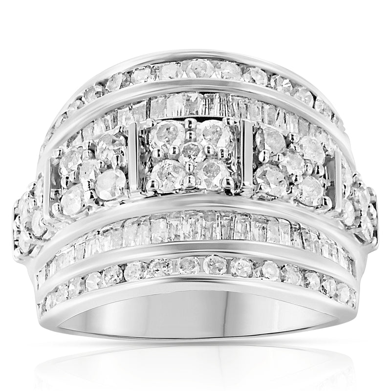 Bids.com .925 Sterling Silver 2.0 Cttw Round & Baguette Cut Diamond Multi-Row Channel Set Tapered Cocktail Fashion Ring (I-J Color, I3 Clarity) - Size 7 Rings White Smoke 7 / White.Sterling Silver,6 / White.Sterling Silver,8 / White.Sterling Silver,9 / White.Sterling Silver