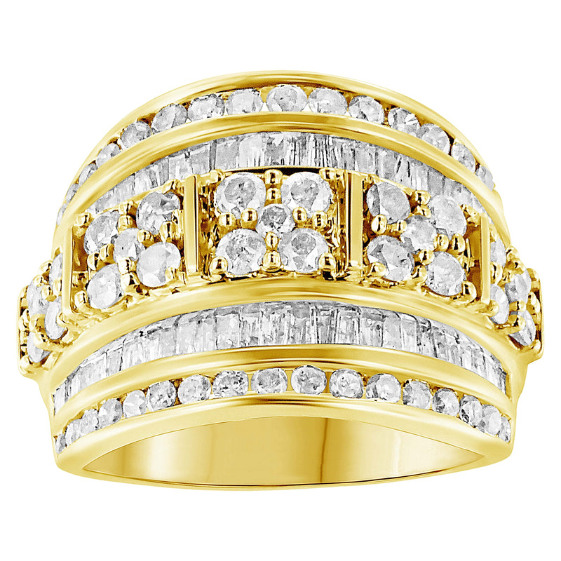 Bids.com .925 Sterling Silver 2.0 Cttw Round & Baguette Cut Diamond Multi-Row Channel Set Tapered Cocktail Fashion Ring (I-J Color, I3 Clarity) - Size 7 Rings White Smoke 6 / Yellow.Sterling Silver,7 / Yellow.Sterling Silver,8 / Yellow.Sterling Silver