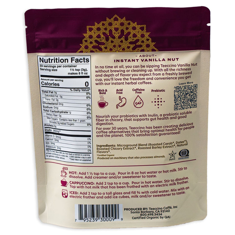 Teeccino Instant Vanilla Nut Herbal Coffee Instant Coffee Dark Gray Instant