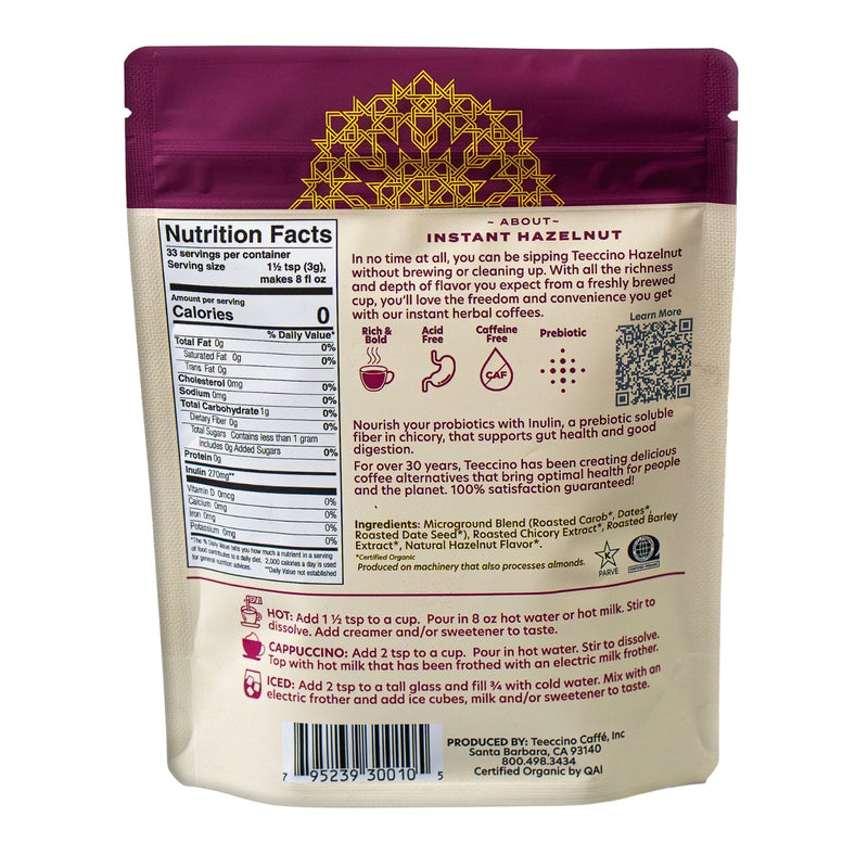 Teeccino Instant Hazelnut Herbal Coffee Instant Coffee Dark Gray Instant
