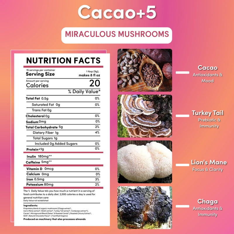 Teeccino Miraculous Mushrooms® Cacao + 5 Instant Coffee White Smoke Black