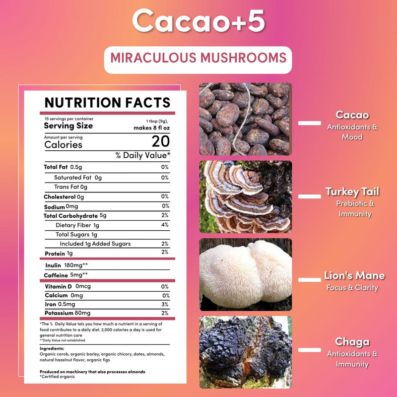 Teeccino Miraculous Mushrooms® Cacao + 5 Instant Coffee White Smoke Black