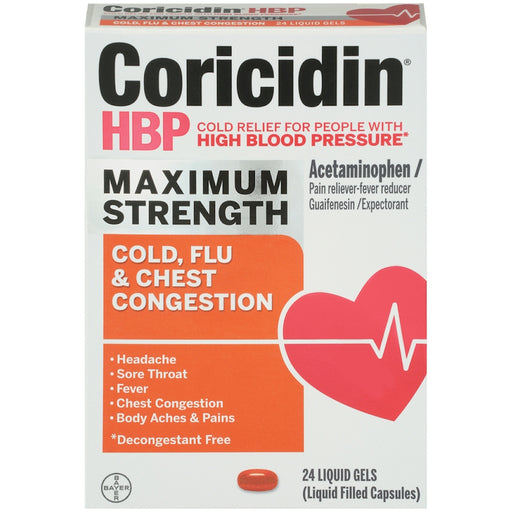 Coricidin Coricidin HBP Maximum Strength Cold, Flu & Chest Congestion, 24 Liquid Gels Medicine & Drugs Lavender