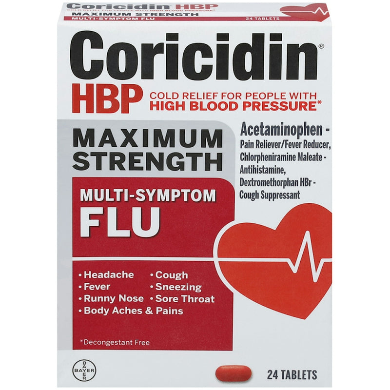 Coricidin Coricidin HBP Multi-Symptom Flu Relief, Decongestant-Free, 24 Tablets Medicine & Drugs Light Gray