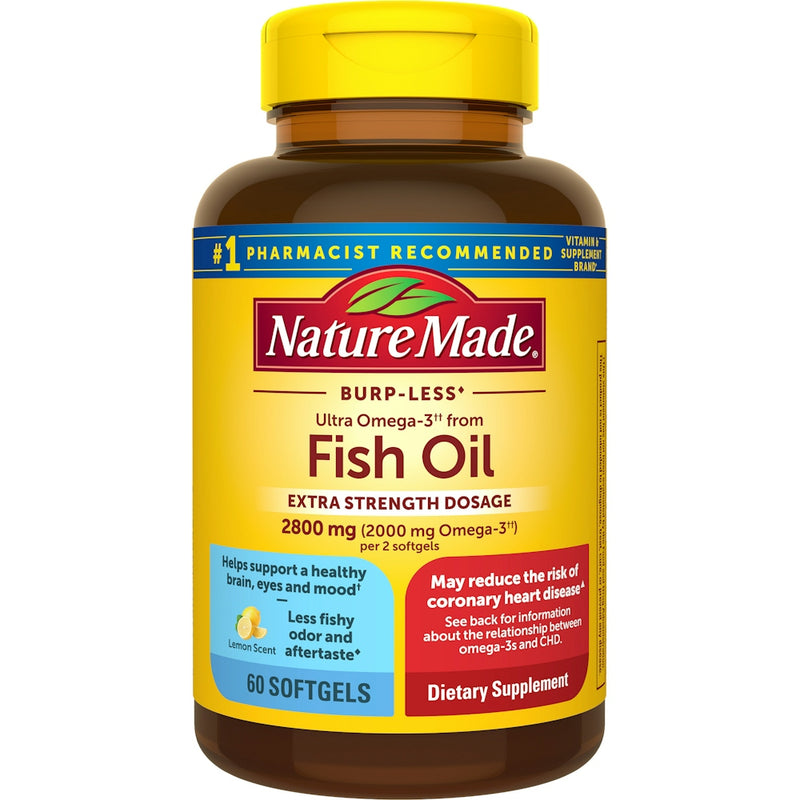 Nature Made Nature Made Extra Strength Burp-Less Omega 3 Fish Oil 2800 Mg, Helps Support A Healthy Heart, Brain, Eyes, And Mood, 60 Softgels Vitamins & Supplements White Smoke
