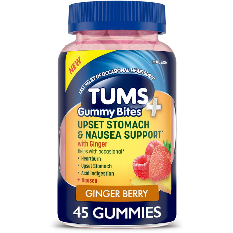 Tums TUMS Gummy Bites + Upset Stomach & Nausea Support – Ginger Berry – 45 Count – Antacid Gummies Medicine & Drugs White Smoke