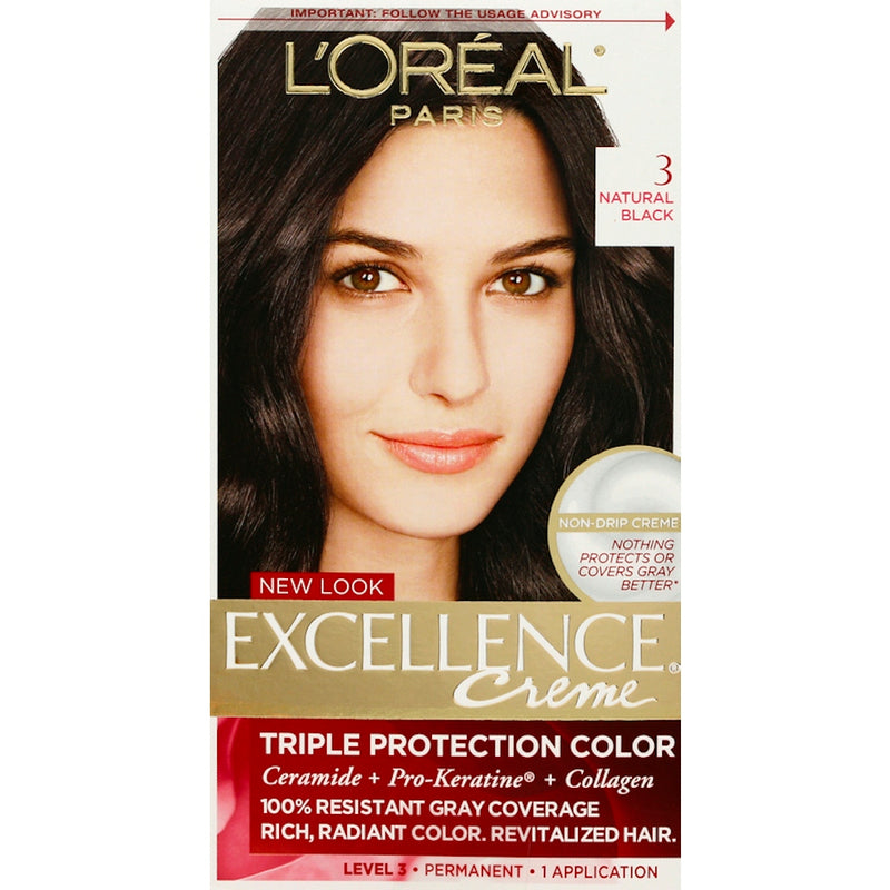 Excellence Excellence L'Oreal Paris Créme Permanent Triple Protection Hair Color, 3 Natural Black, 1 Kit Hair Color Black