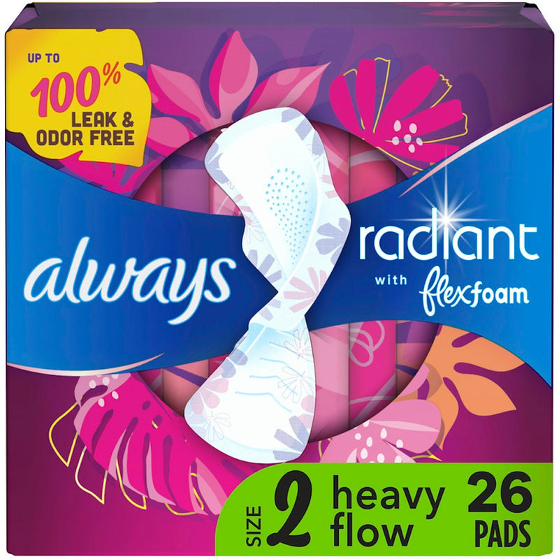 Always Always Radiant Pads, Size 2, Heavy Flow Absorbency, Light Clean Scent, 26 Count Personal Care White Smoke