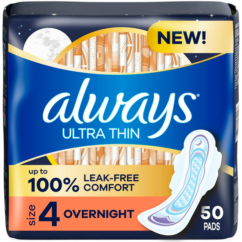 Always Always Ultra Thin Pads with Wings, Size 4 Overnight, Unscented, 50 Count Personal Care Midnight Blue