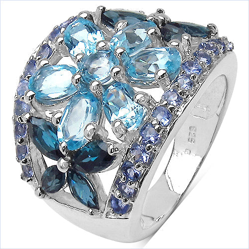 Bids.com 6.06 Carat Genuine Blue Topaz, London Blue Topaz & Tanzanite .925 Sterling Silver Ring Rings White Smoke size 7.00,size 6.00,size 8.00,size 9.00