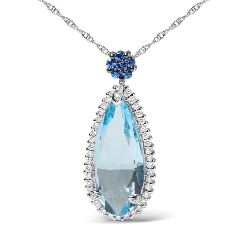 Bids.com 18K White Gold 3/8 Cttw Pave Set Diamond and Sky Blue Topaz and Blue Sapphire Gemstone Floral Teardrop Halo 18" Pendant Necklace (G-H Color, SI2-I1 Clarity) Necklaces White Smoke White.Gold / 18