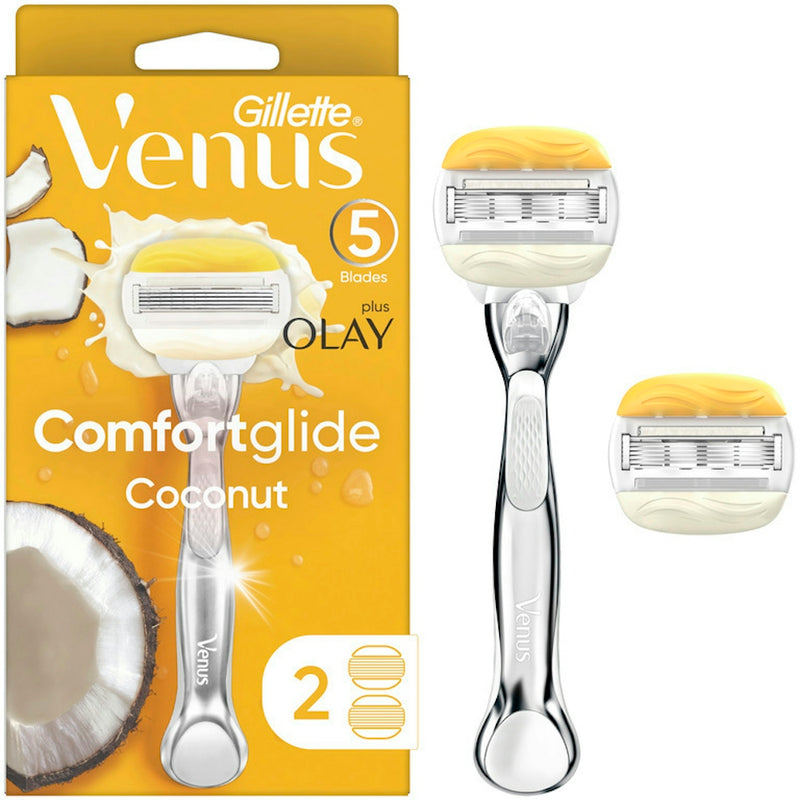 Venus Venus Gillette Comfortglide Plus Olay Coconut Women's Razor Handle + 2 Blade Refills Personal Care White Smoke