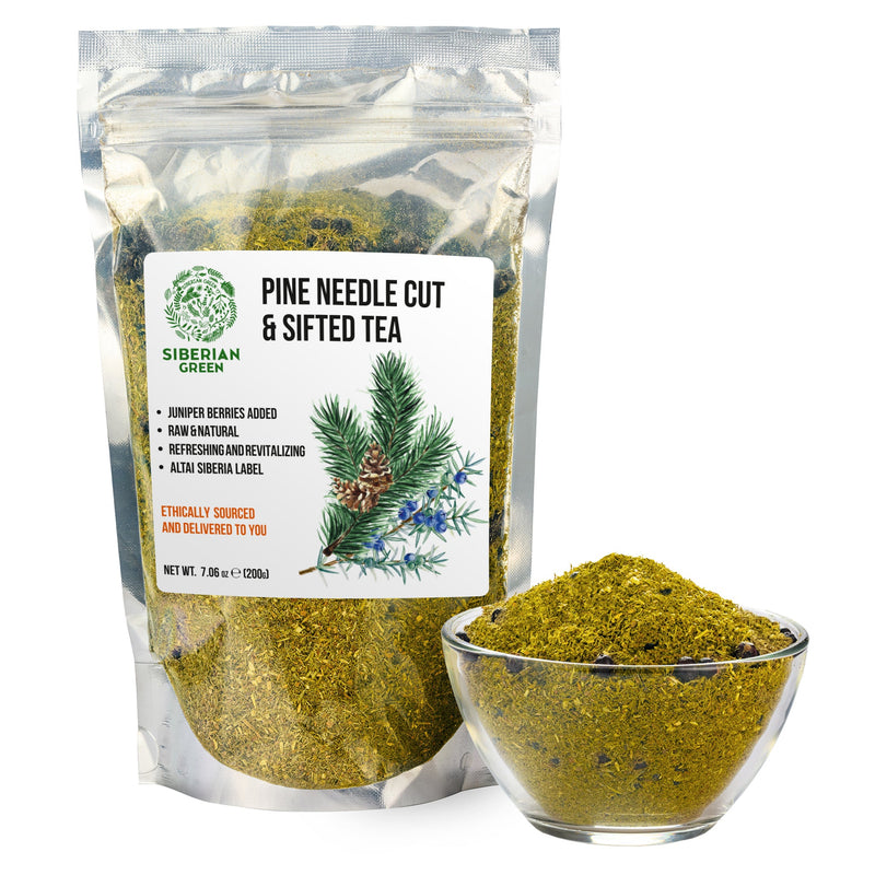 SiberianGreen.com White Pine Needle Tea Loose Powder with Juniper Berries 200g – 100% Natural & Organic from Siberian Green Tea & Infusions White Smoke