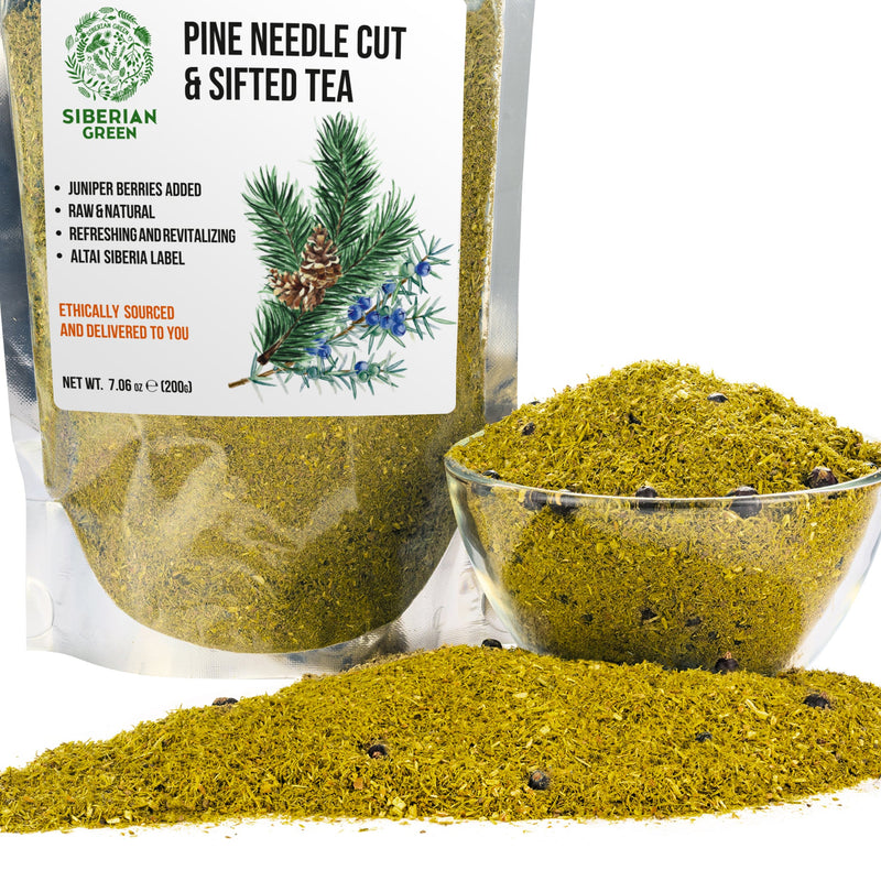 SiberianGreen.com White Pine Needle Tea Loose Powder with Juniper Berries 200g – 100% Natural & Organic from Siberian Green Tea & Infusions White Smoke