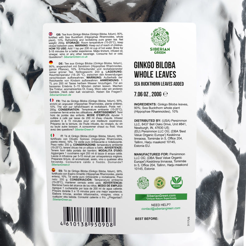 SiberianGreen.com Organic Ginkgo Leaf Tea – 200g Premium Ginkgo Biloba Leaves with Sea Buckthorn Tea & Infusions White Smoke