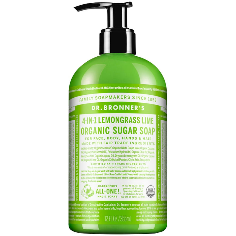Dr. Bronner's Dr. Bronner's Organic 4-in-1 Pump Soap Sugar 12 Fl Oz Lemongrass Lime Bath & Body White Smoke