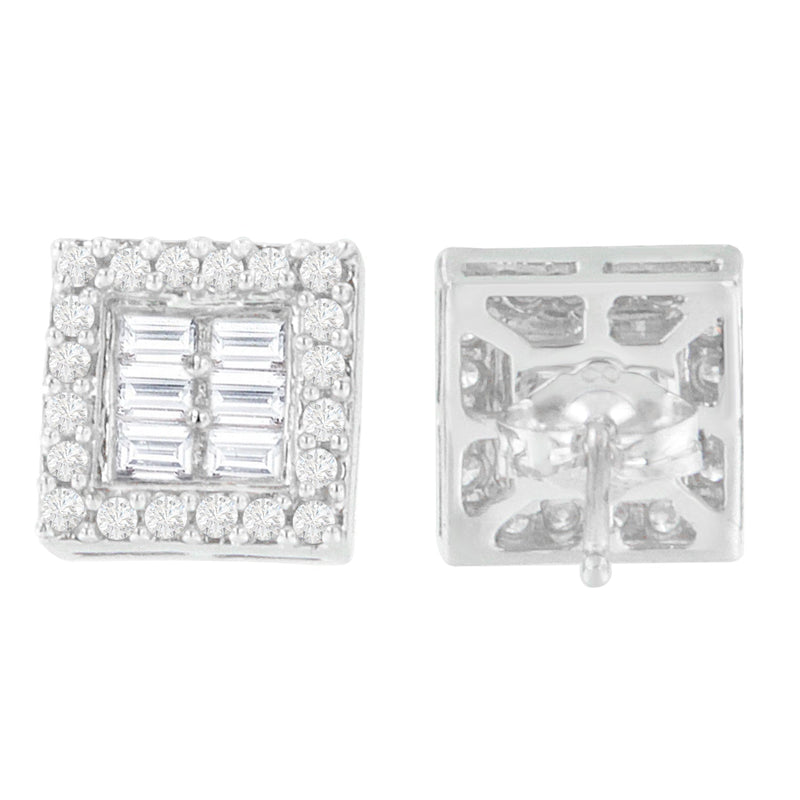 Bids.com 14K White Gold 1 cttw Round and Baguette Diamond Stud Earrings (H-I, SI1-SI2) Earrings Light Gray White.Gold / 0.99