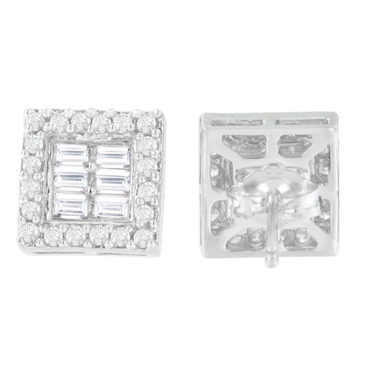 Bids.com 14K White Gold 1 cttw Round and Baguette Diamond Stud Earrings (H-I, SI1-SI2) Earrings Light Gray White.Gold / 0.99