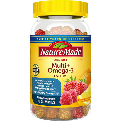 Nature Made Nature Made Multi For Him + Omega-3 Gummies Multivitamin Strawberry, Lemon & Orange Flavors Vitamins & Supplements White Smoke